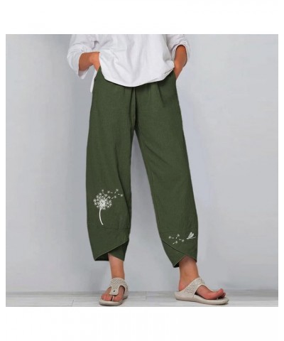 Linen Pants Women Cropped Women's Plus Size Embroidery Daisy Print High Waist Capri Pants Loose Casual Trousers Pants Z7-army...