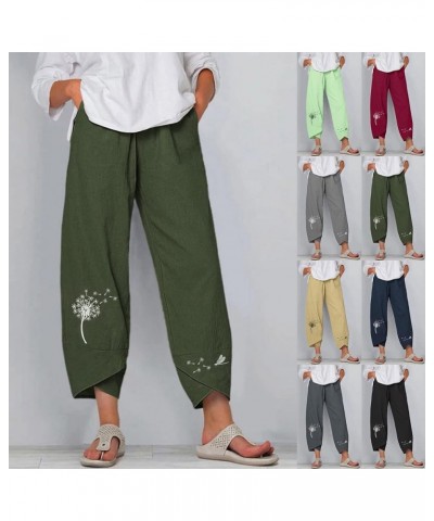 Linen Pants Women Cropped Women's Plus Size Embroidery Daisy Print High Waist Capri Pants Loose Casual Trousers Pants Z7-army...