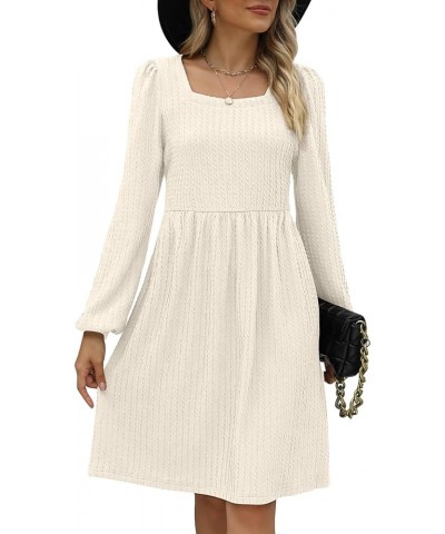 Womens Knit Dress Square Neck Long Sleeve Knee Length Babydoll Dresses A-off White $20.79 Dresses