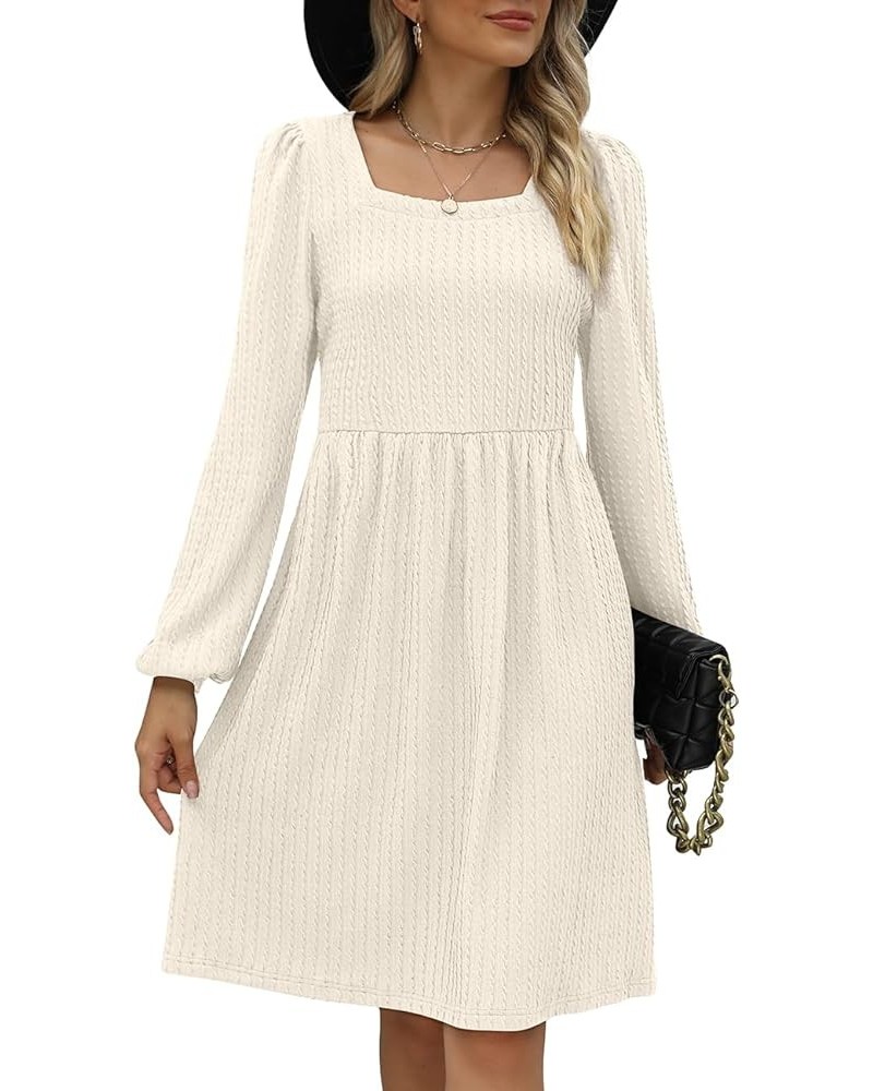 Womens Knit Dress Square Neck Long Sleeve Knee Length Babydoll Dresses A-off White $20.79 Dresses