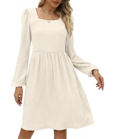 Womens Knit Dress Square Neck Long Sleeve Knee Length Babydoll Dresses A-off White $20.79 Dresses