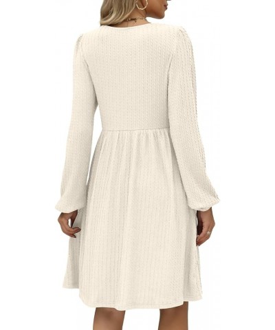 Womens Knit Dress Square Neck Long Sleeve Knee Length Babydoll Dresses A-off White $20.79 Dresses