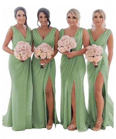 Women's V Neck Chiffon Bridesmaid Dresses for Wedding Long High Split Elegent Formal Gowns and Evening Dresses Green $32.20 D...