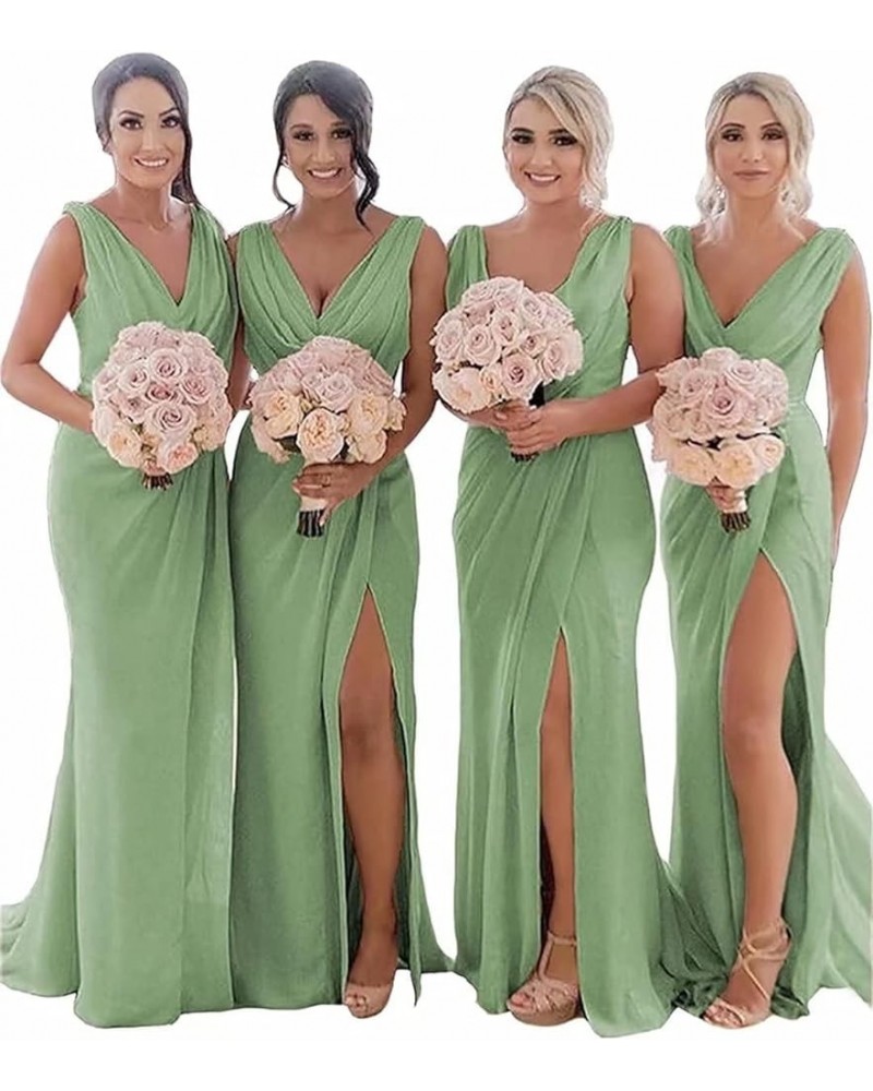 Women's V Neck Chiffon Bridesmaid Dresses for Wedding Long High Split Elegent Formal Gowns and Evening Dresses Green $32.20 D...