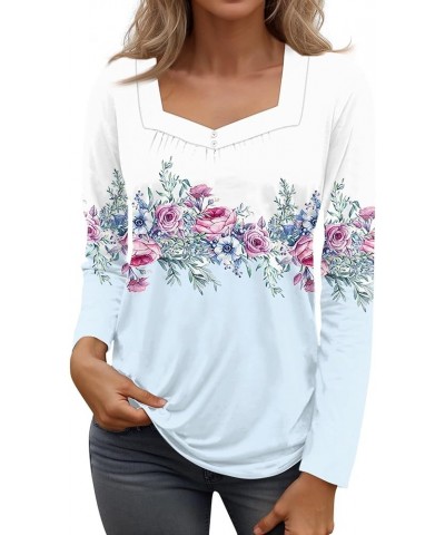 Long Sleeve Tunic Tops For Women, 2024 Spring Trendy Casual Square Neck Top Loose Fitted Vintage Floral Print Shirts C-sky Bl...