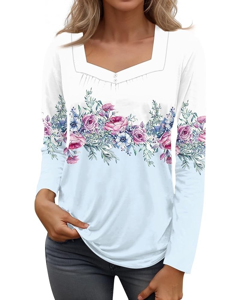 Long Sleeve Tunic Tops For Women, 2024 Spring Trendy Casual Square Neck Top Loose Fitted Vintage Floral Print Shirts C-sky Bl...