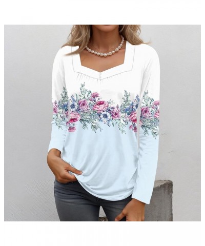 Long Sleeve Tunic Tops For Women, 2024 Spring Trendy Casual Square Neck Top Loose Fitted Vintage Floral Print Shirts C-sky Bl...