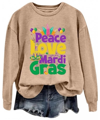 Womens Long Sleeve Pullover Top Peace Love Mardi Gras Printed Shirts Oversized Round Neck Loose Fall Fashion Sweatshirt Khaki...