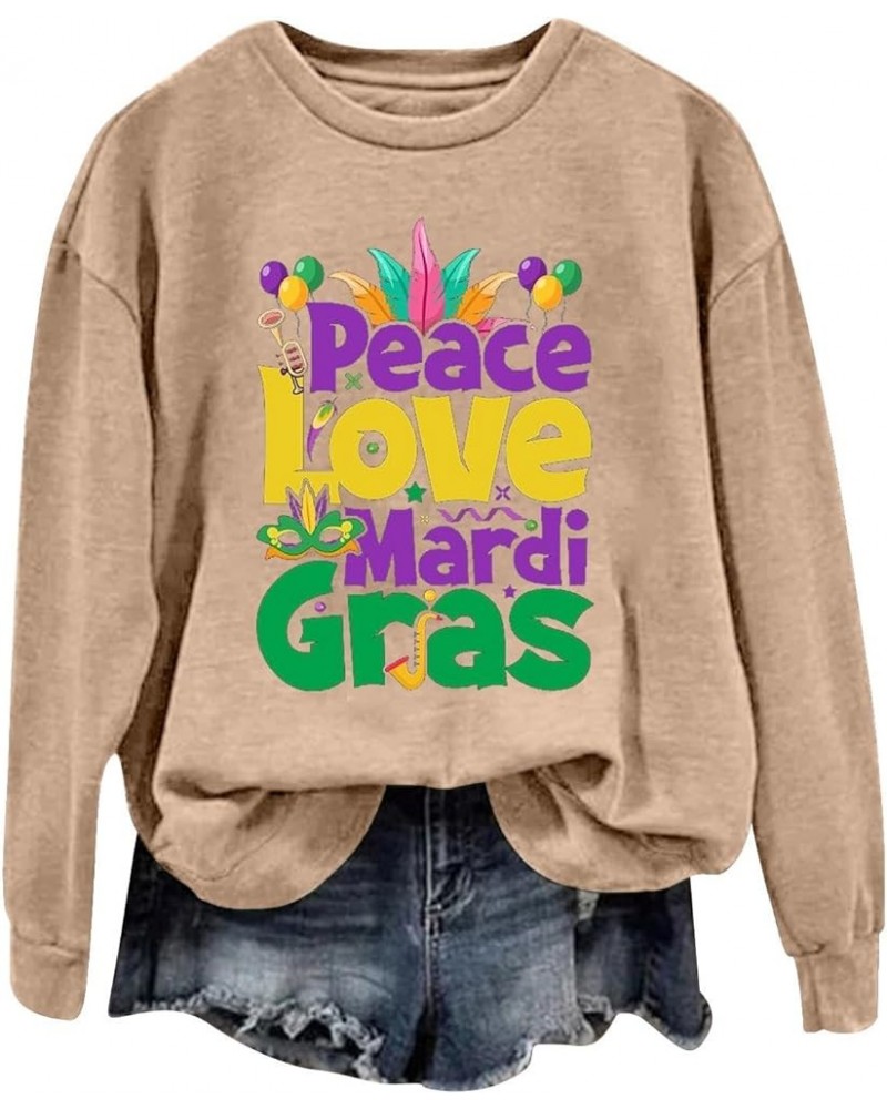 Womens Long Sleeve Pullover Top Peace Love Mardi Gras Printed Shirts Oversized Round Neck Loose Fall Fashion Sweatshirt Khaki...