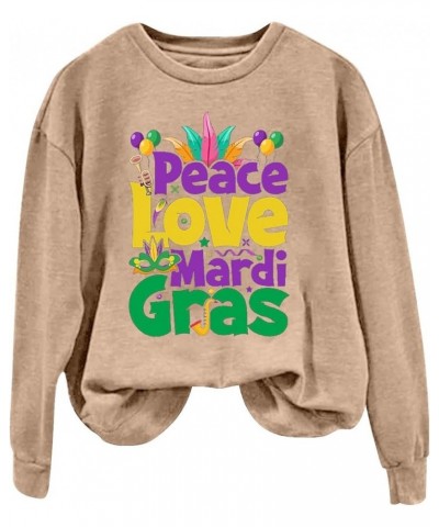 Womens Long Sleeve Pullover Top Peace Love Mardi Gras Printed Shirts Oversized Round Neck Loose Fall Fashion Sweatshirt Khaki...