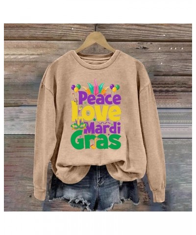 Womens Long Sleeve Pullover Top Peace Love Mardi Gras Printed Shirts Oversized Round Neck Loose Fall Fashion Sweatshirt Khaki...