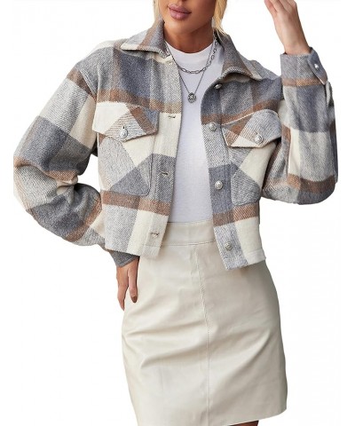 Flannel Cropped Plaid Jacket for Women Color Block Button Down Shacket Coat 02 Grey $13.76 Jackets