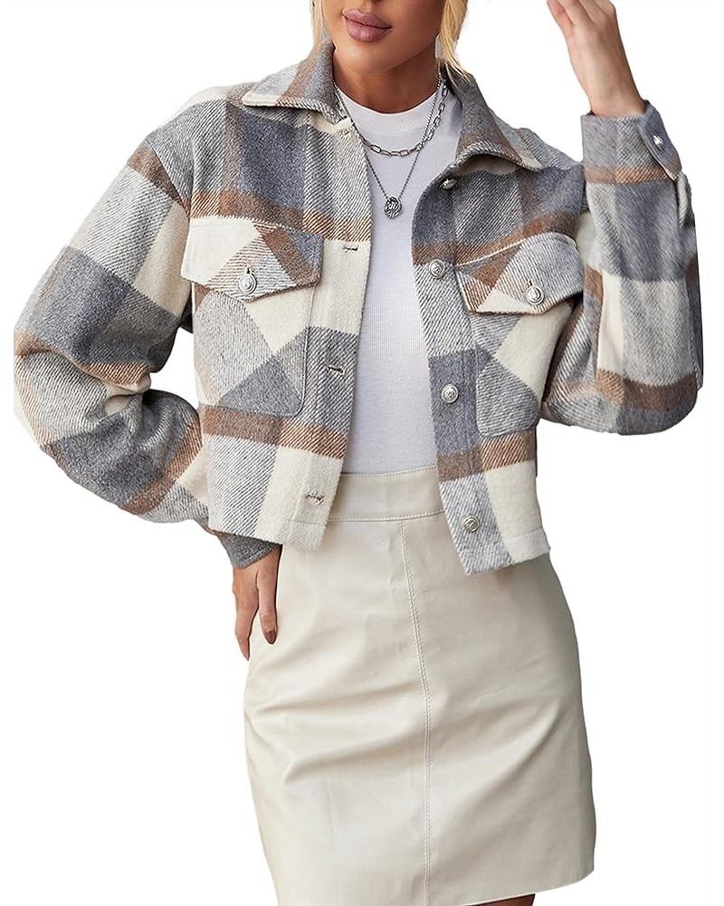 Flannel Cropped Plaid Jacket for Women Color Block Button Down Shacket Coat 02 Grey $13.76 Jackets