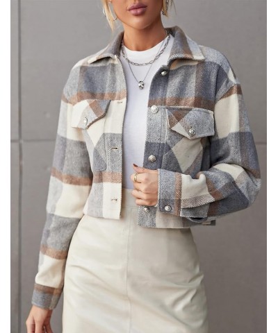 Flannel Cropped Plaid Jacket for Women Color Block Button Down Shacket Coat 02 Grey $13.76 Jackets