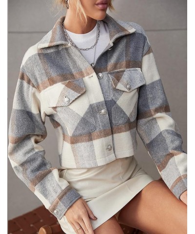 Flannel Cropped Plaid Jacket for Women Color Block Button Down Shacket Coat 02 Grey $13.76 Jackets