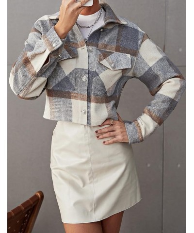 Flannel Cropped Plaid Jacket for Women Color Block Button Down Shacket Coat 02 Grey $13.76 Jackets