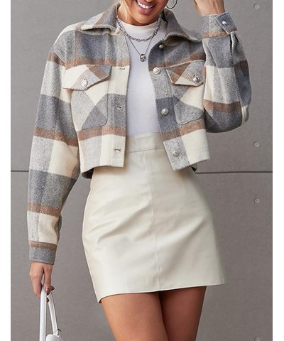 Flannel Cropped Plaid Jacket for Women Color Block Button Down Shacket Coat 02 Grey $13.76 Jackets