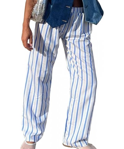 Women Y2k Striped Pants Wide Leg Stripes Print Lounge Pants High Waist Drawstring Striped Pajama Pants Trousers E Blue White ...