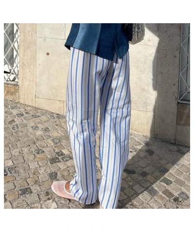 Women Y2k Striped Pants Wide Leg Stripes Print Lounge Pants High Waist Drawstring Striped Pajama Pants Trousers E Blue White ...