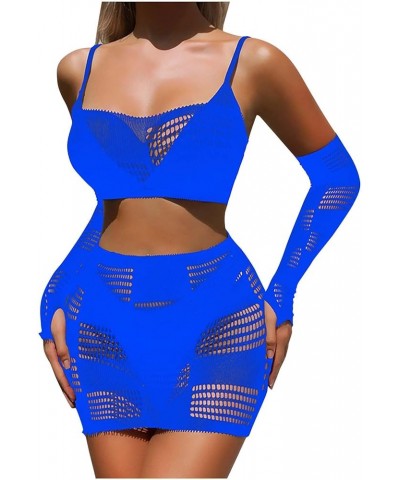 Women's Lingerie, Sleep & Lounge Lingerie Set Sexy Nightwear Fishnet Babydoll Bodysuit Long Sleeve Hallow Nightgown Blue $6.8...