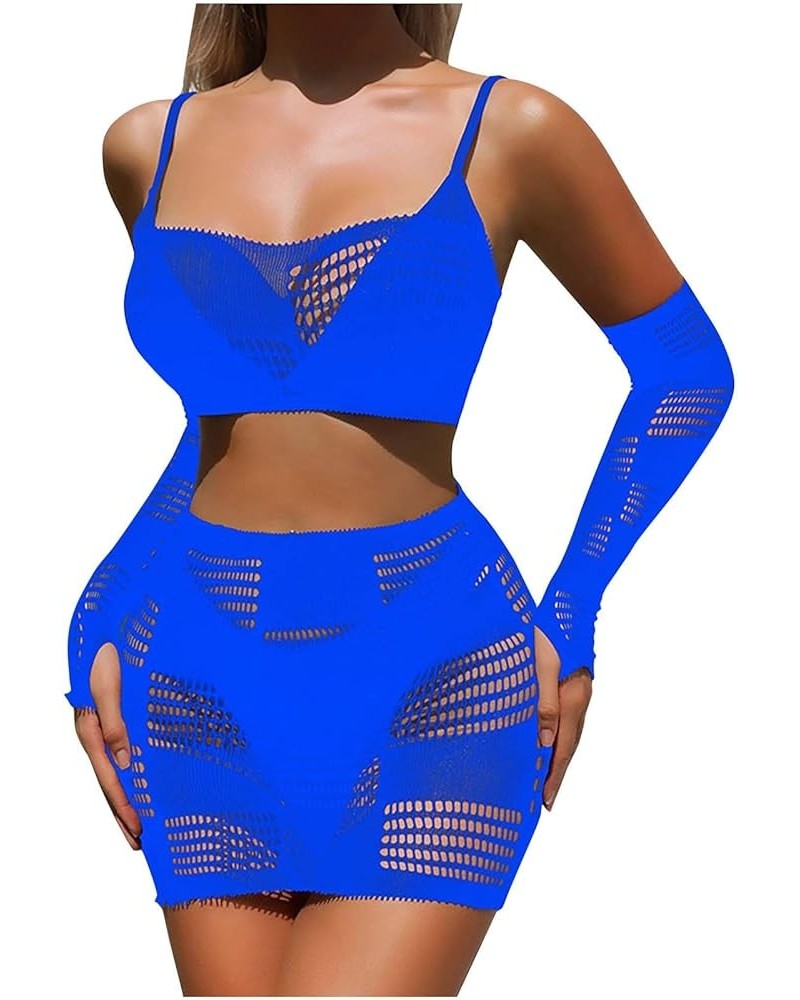 Women's Lingerie, Sleep & Lounge Lingerie Set Sexy Nightwear Fishnet Babydoll Bodysuit Long Sleeve Hallow Nightgown Blue $6.8...