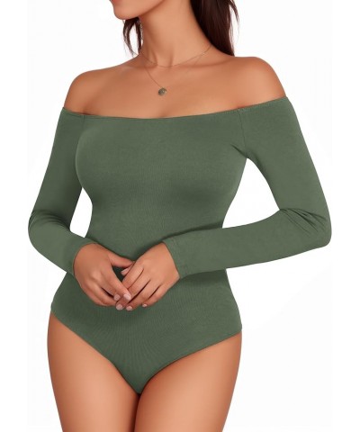 Off The Shoulder Long Sleeve Short Sleeve Bodysuit for Women Long Sleeve Grayish Green $13.20 Bodysuits