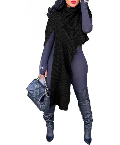 Women's Chic Turtleneck Poncho Knit Tops Asymmetric Pullovers Sweater Shawl Capes Black $12.74 Sweaters