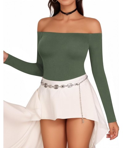 Off The Shoulder Long Sleeve Short Sleeve Bodysuit for Women Long Sleeve Grayish Green $13.20 Bodysuits